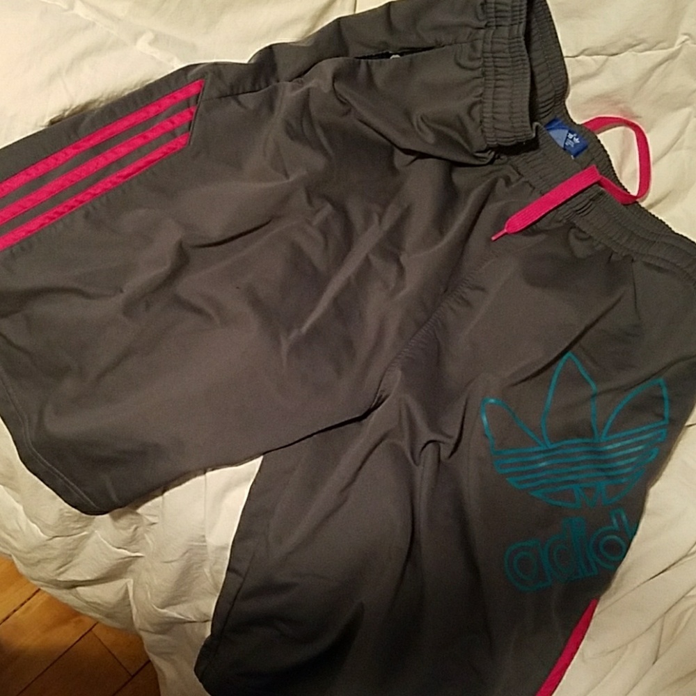 Gray , pink , and torquiouse Adidas shorts